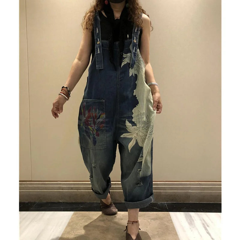 Amax luluE 2025 Korean Fashion Spring Female Printed Denim Overalls Ladies Vintage Casual Jeans Women Loose Trousers Wide Pants