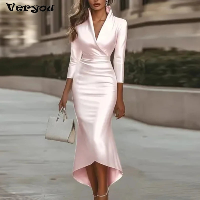 Elegant Office Lady Dress V Neck Long Sleeve Bodycon Dresses For Women Fashion Satin Midi Dress Women Party Dresses