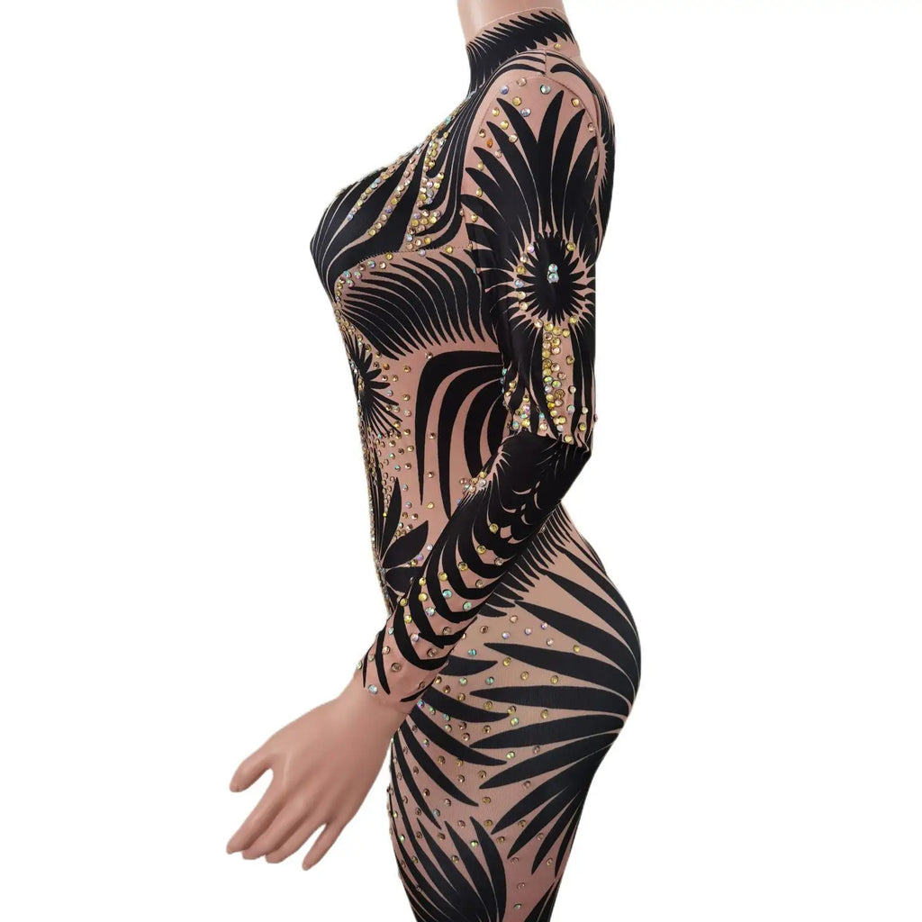 Sparkly Stone Feather Print Jumpsuit Women Sexy Birthday Party Bodysuit Prom Dresses Pole Dancer Performance Costume Feibiao