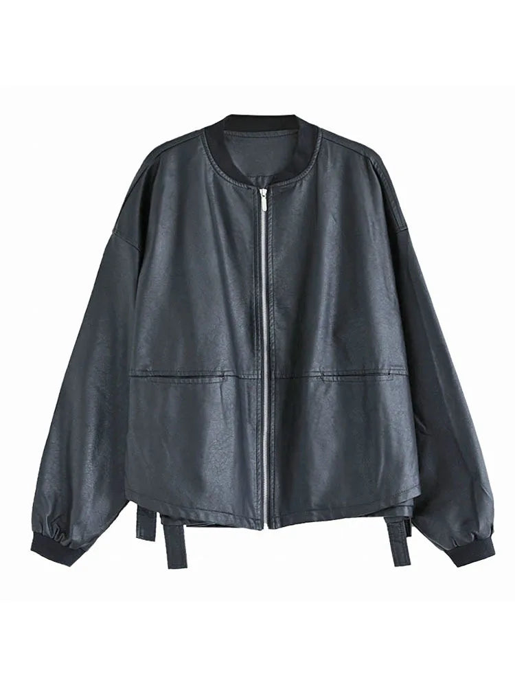 Amax luluE 2024 Autumn Fashion Biker Clothes Womens Loose Vintage Faux Leather Jackets Luxury Punk Pu Coats Black Big Outerwear