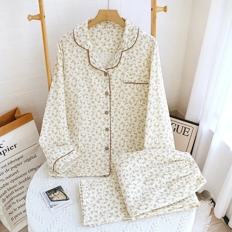 Summer women's 2-piece set of 100% pure cotton women's sleepwear bedroom set long sleeved+long pants women's sleepwear