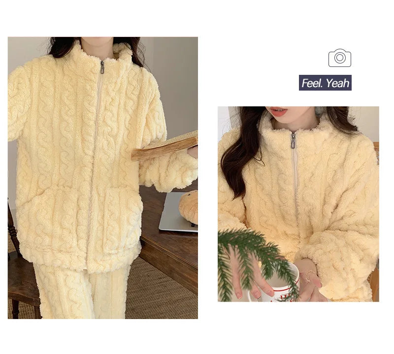Large Size Flannel Pajamas Set Autumn Winter Female Sleepwear Trouser Suit Thicken Coral Fleece High Collar Lounge Wear Homewear