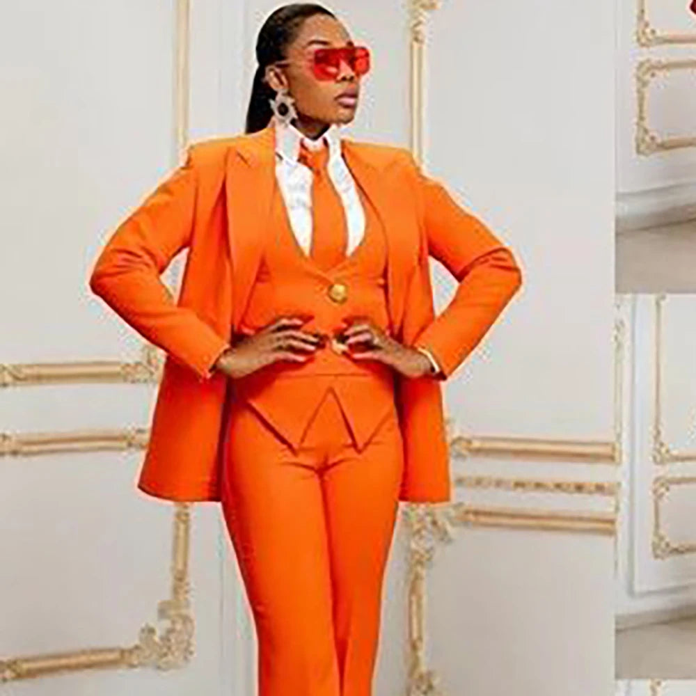 Orange Women's Suits Customized Plus Size Formal Single-breasted Peaked Lapel Three Pieces (Jacket+Pants+Vest) Office Lady Set