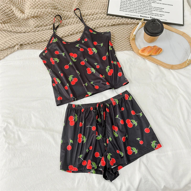 Summer Women's Cherry Print Pajama Set Sexy Ice Silk Sleeveless Vest and Shorts Girls Casual Cute Printed Sleepwear for Lounging