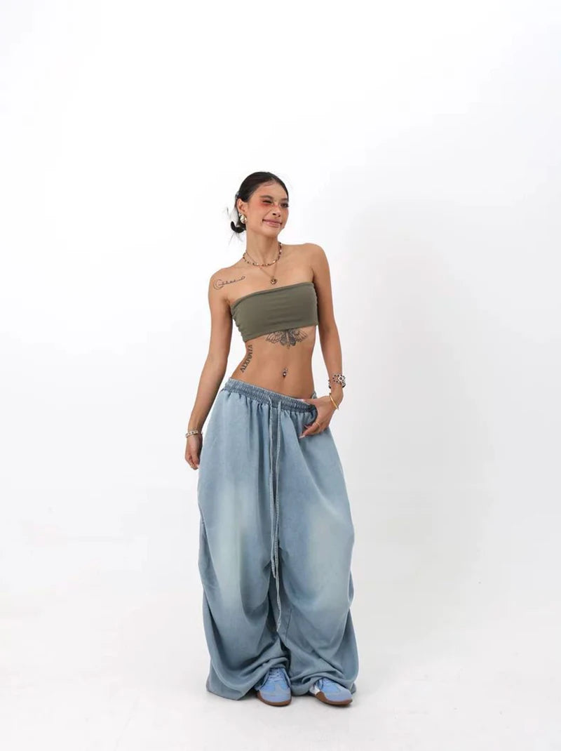Autumn Oversized Women Wide Leg Jeans Y2K Hip Hop Streetwear Loose Denim Pants High Waist Drawstring All Match Straight Trousers