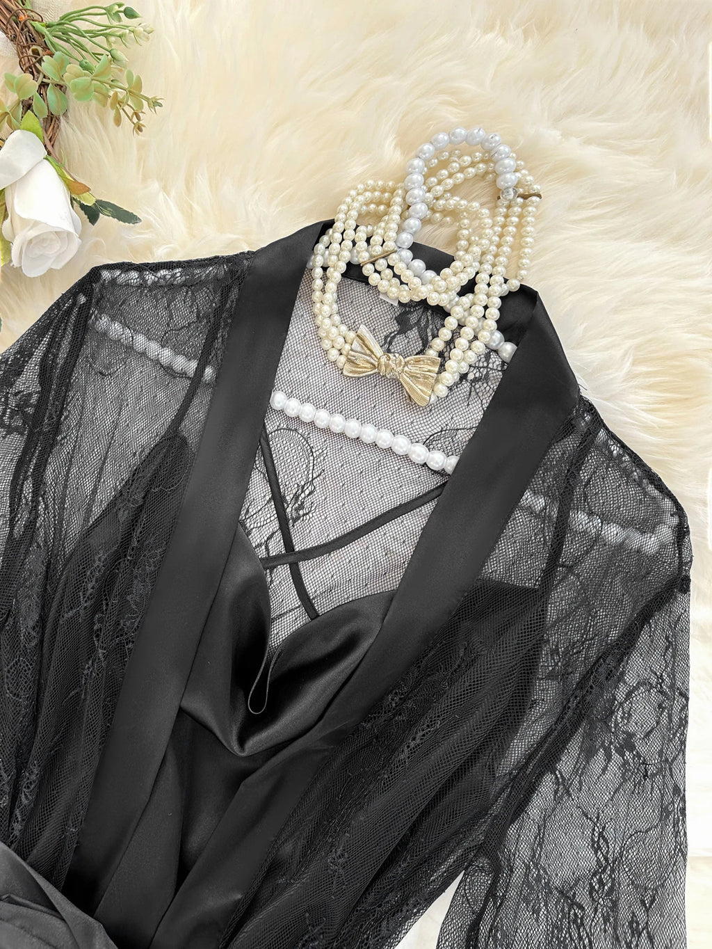 Sexy Elegant Pure Color Mesh Nightgown Set Transparent Lace Robe Sleepwear Casual Comfortable Women's pajamas