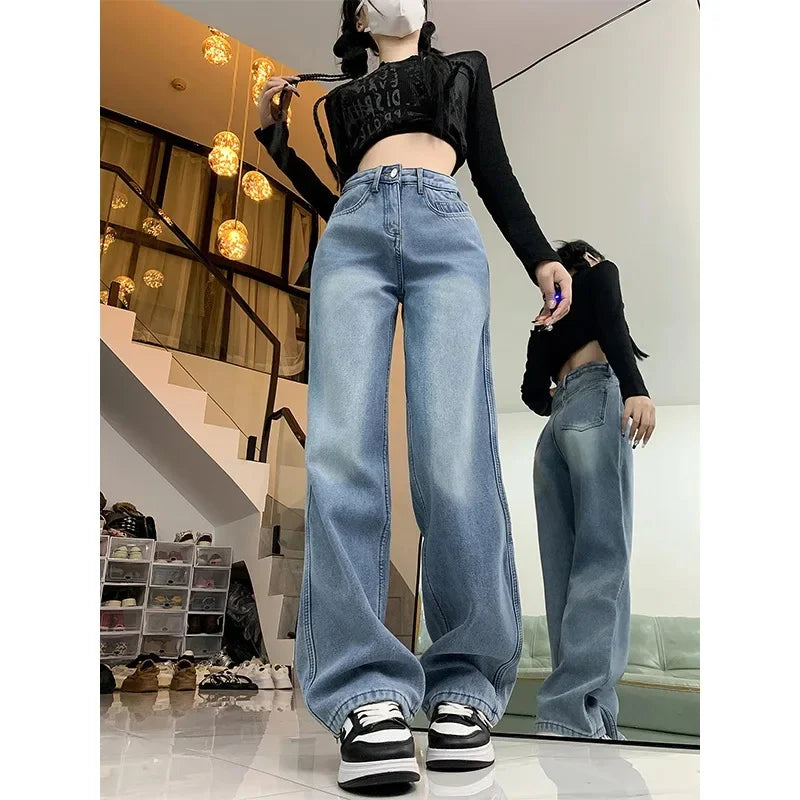 Thickened Fleece High Waist Straight Leg Jeans Women Winter New Style Loose Slim Wide Leg Pants Floor-Length Trousers