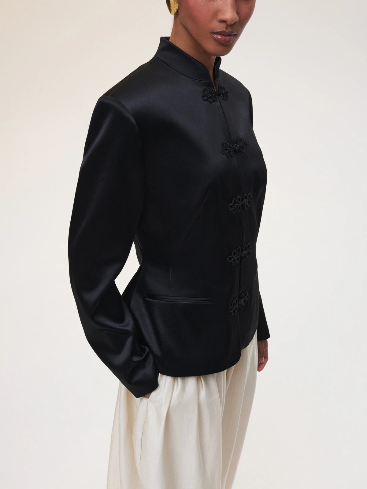 DFDG Women's Spring Summer Satin Mandarin Collar Knot Button Blazer Chic Formal Casual Wear 2026 Trendy Feminine Fashion Coat