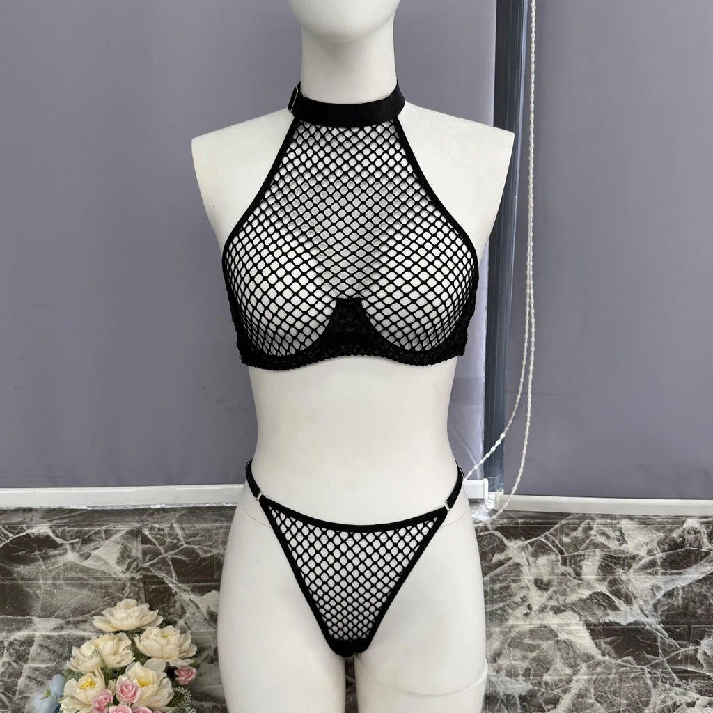 Ellolace Intimate Lingerie Sexy Women Fancy Tank Top Thong 2PC Seductive Hollow Fishnet Party Outfit Hot Girl Backless Underwear