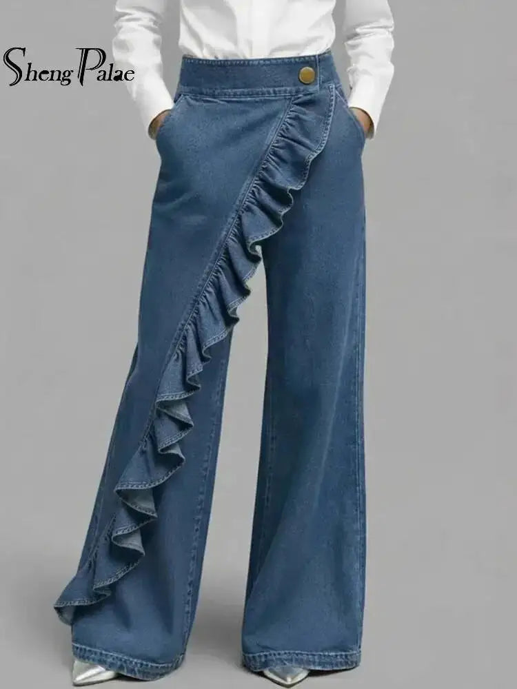 SHENGPALAE American Style Loose Irregular Splicing High Waisted A-line Wide Leg Jeans For Women Spring 2026 New