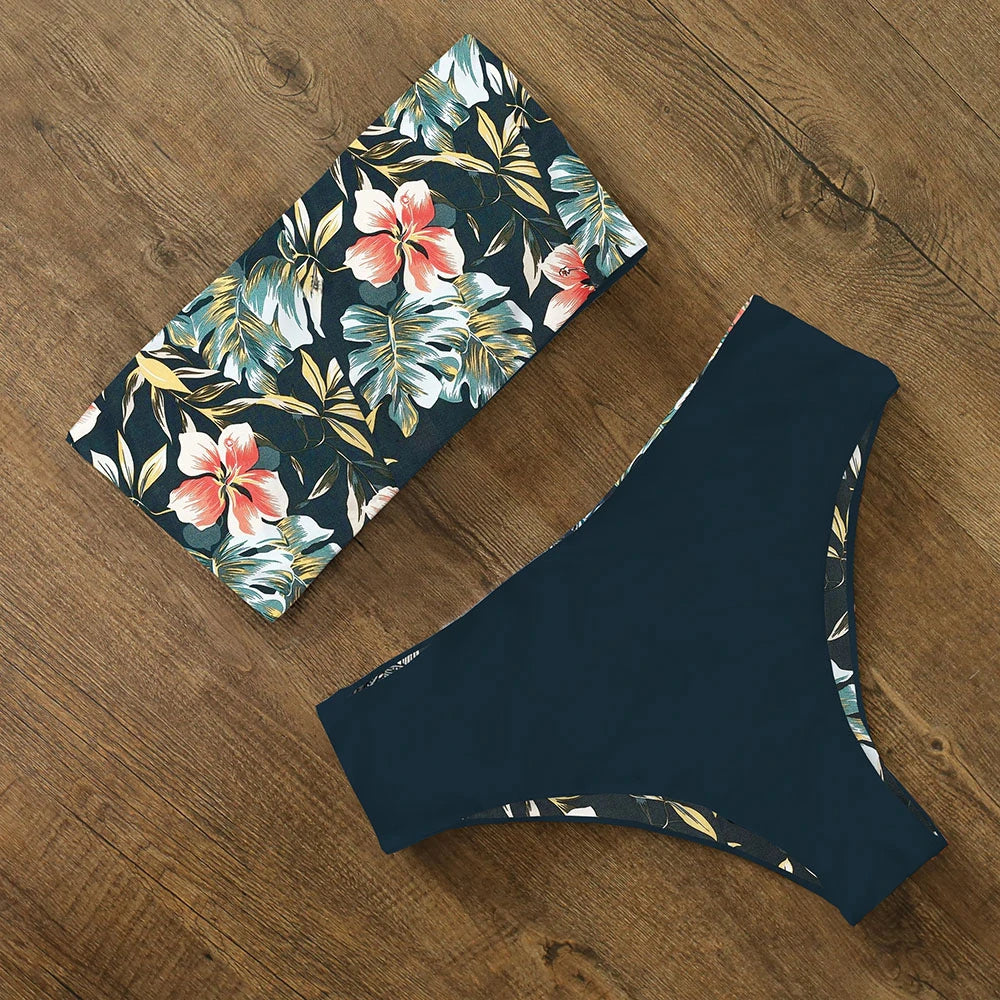 2025 New Sexy Low Hight Bikini Set Swimwear Women Bandeau Female Print Floral Strappy Swimsuit Bathing Suit Beach Wear Biquini