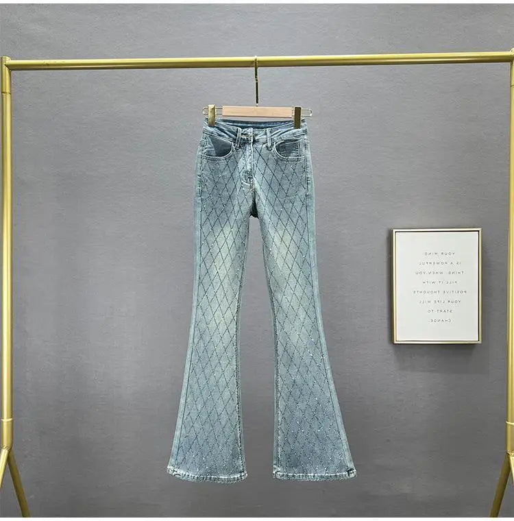 Slim-Fit Denim Micro Flared Pants Female Tide New Fashion Elastic High Waist Rhinestone Button Zipper Temperament Joker Pants