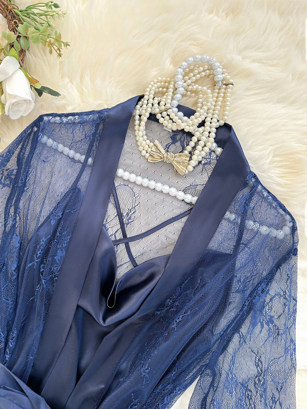 Sexy Elegant Pure Color Mesh Nightgown Set Transparent Lace Robe Sleepwear Casual Comfortable Women's pajamas
