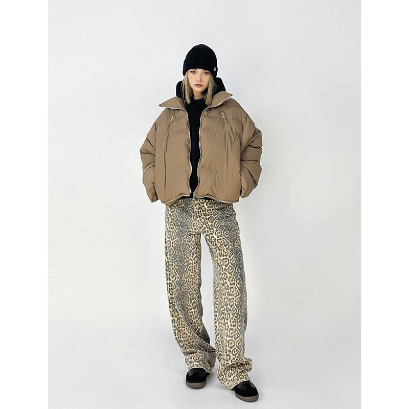 American Retro High Street Casual Overalls Leopard Print Loose Wide Leg Pants For Women Y2k Hip-hop Cargo Grunge Baggy Trousers