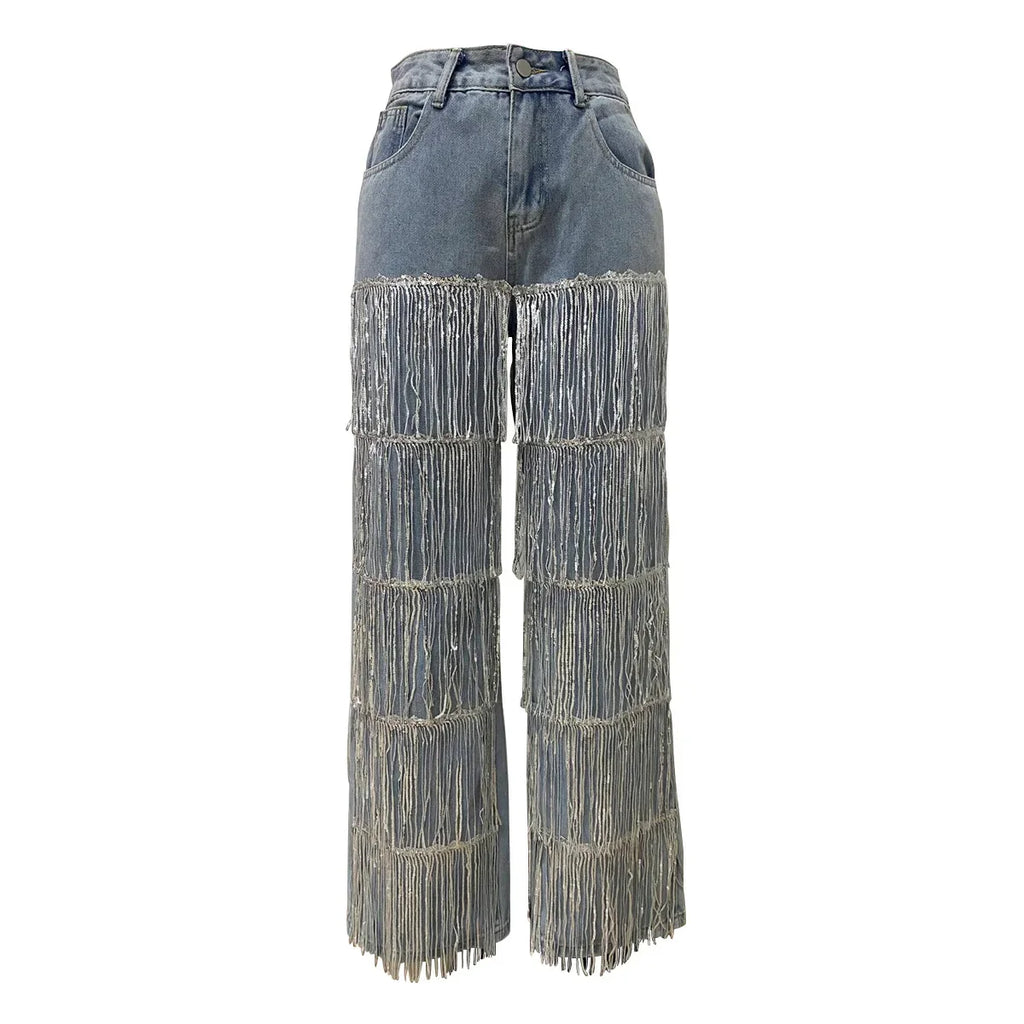 Denim Straight Pants Women Jeans Tassel Pockets Button High Waist Distressed Washed Full Length Loose Trousers 2026 Streetwear