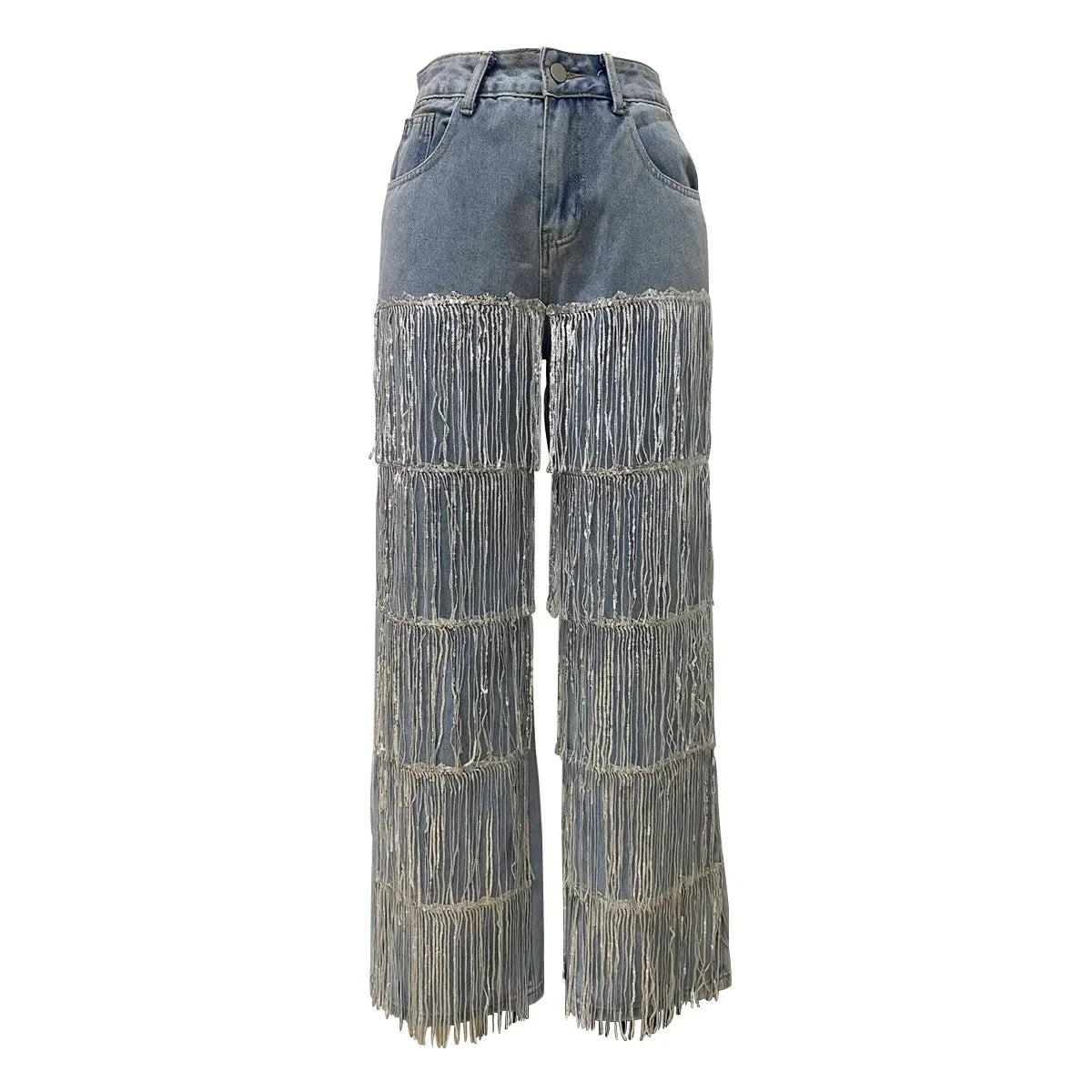 Denim Straight Pants Women Jeans Tassel Pockets Button High Waist Distressed Washed Full Length Loose Trousers 2026 Streetwear