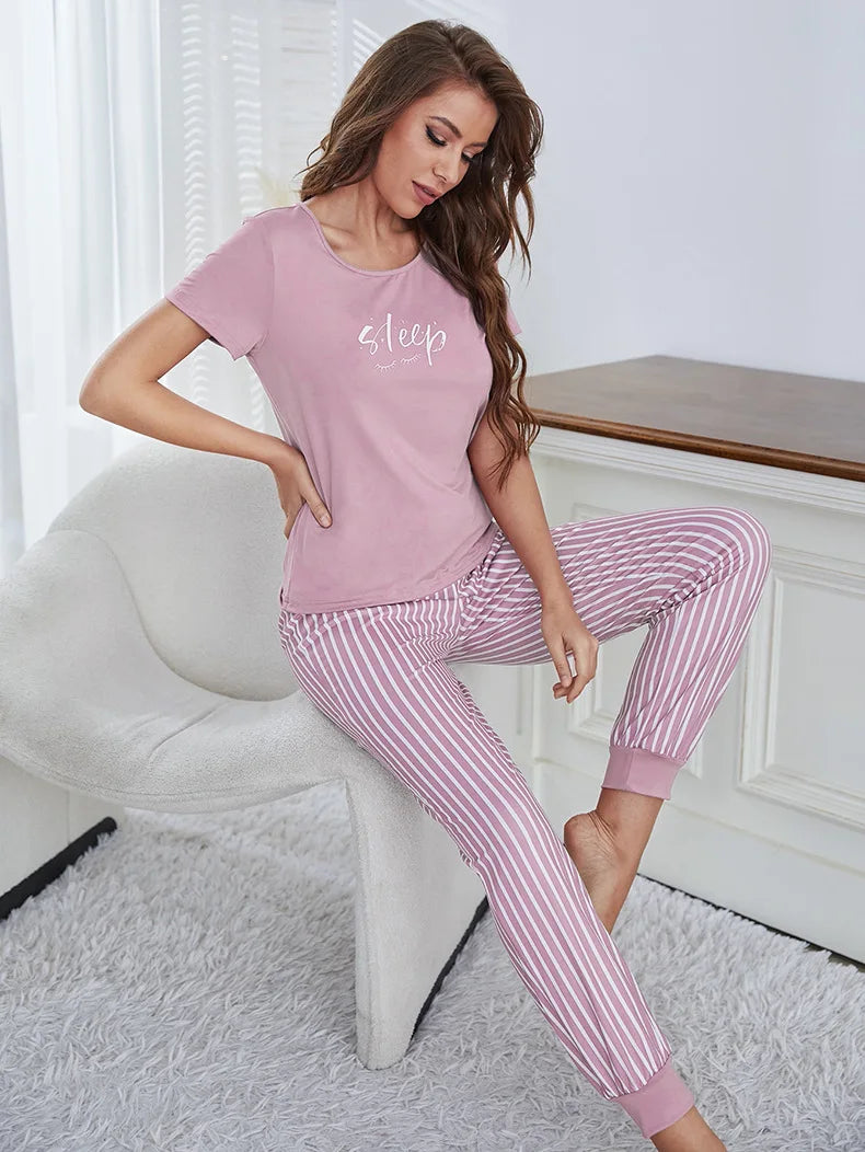 Ladies 2 Piece Summer Homewear Nightwear Spring Women Short Sleeve Long Pants Printed T-Shirt Ladies Pajamas Casual Set
