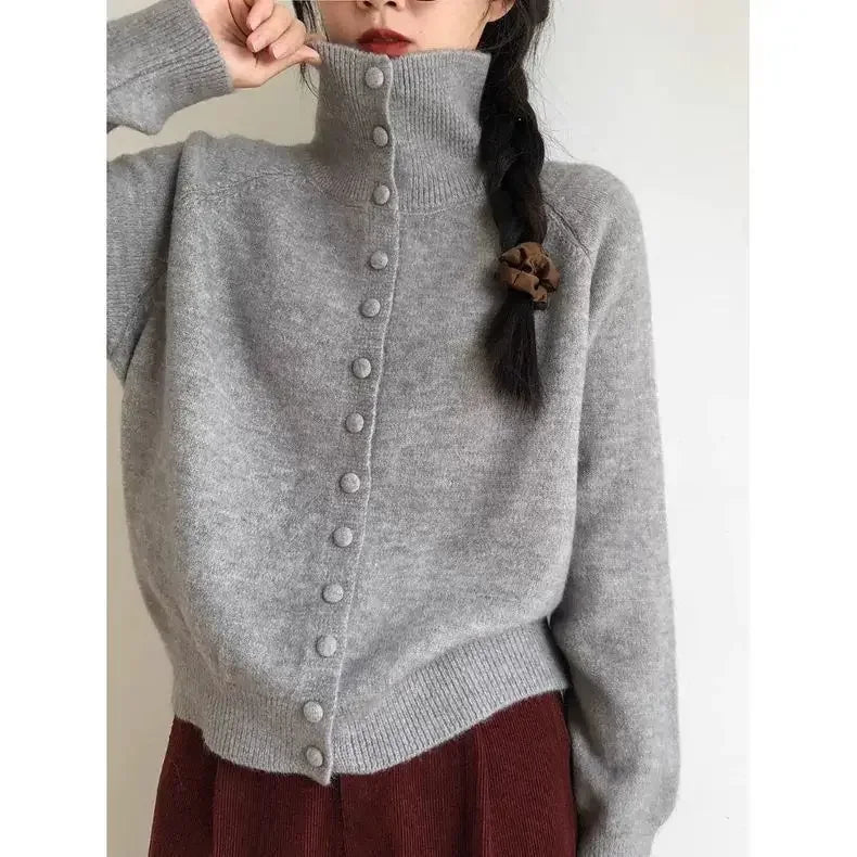 Autumn Winter New Women Sweater Coats Korean Lazy Wind Sweet Fashion Solid Turtleneck Button Cardigan Long Sleeve Knitted Tops