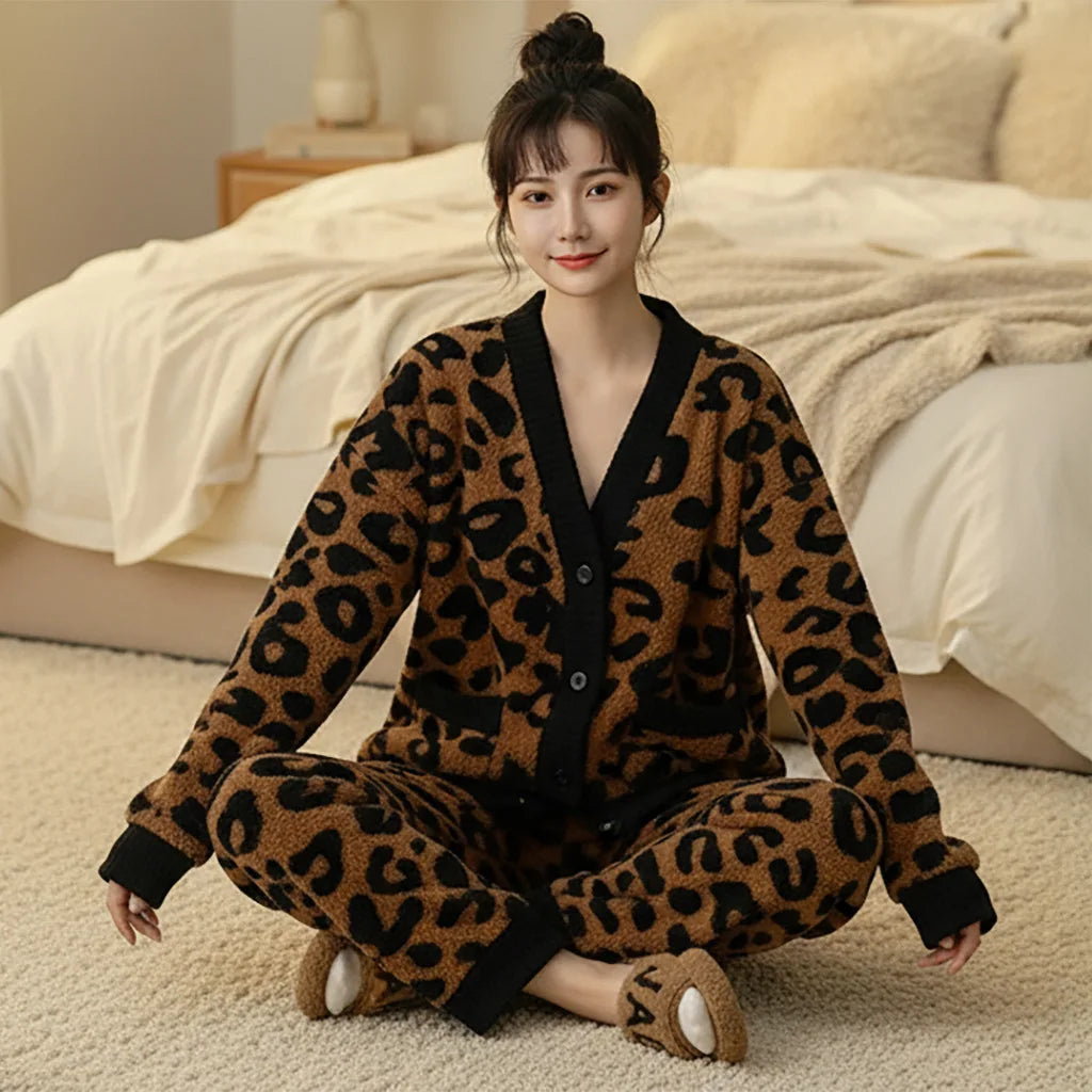 Winter Thickened Fleece Lined Half Velvet Pajamas Women's Home Clothes Set Simple Korean Leopard Print Sleepwear V-neck