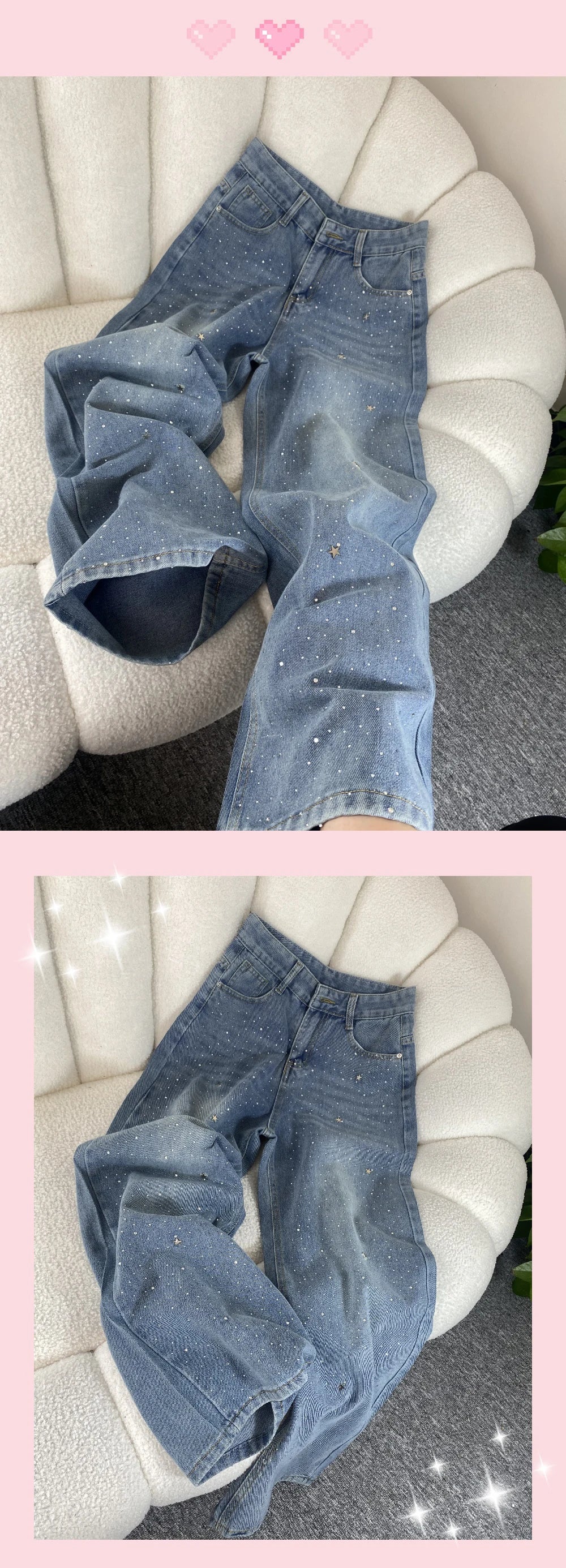 Shiny Diamond Bling Denim Pants Spring Autumn Women High Waist Straight Wide Leg Jeans Glitter Rivet Loose Blue Denim Pants ﻿