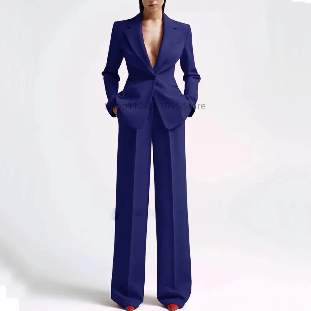 Elegant Solid Women's 2 Piece Suit Lady Business Office Suits Slim Fit One Button Jacket Women Tuxedo Casual Suits(Blazer+Pants)