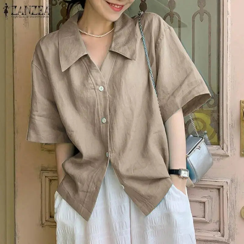 2023 ZANZEA Summer Shirt Women Blouses Turn-Down-Collar 3/4 Sleeved Buttons Up Blouse Loose Tops OL Shirts Solid Blusas Tunic