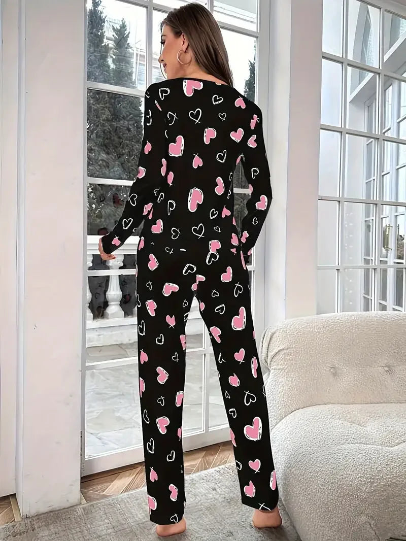 Heart Print Ribbed Frill Trim Pajama Set for Women Sleepwear Knitted Round-Neck Loose Tops Elastic Long Pants Loungewear