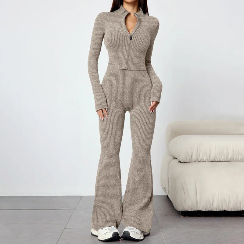 Women's Tight Fitness Yoga Outfit Set with Long Sleeves And Zipper Autumn Winter Sports Jacket And Bell Bottom Pants
