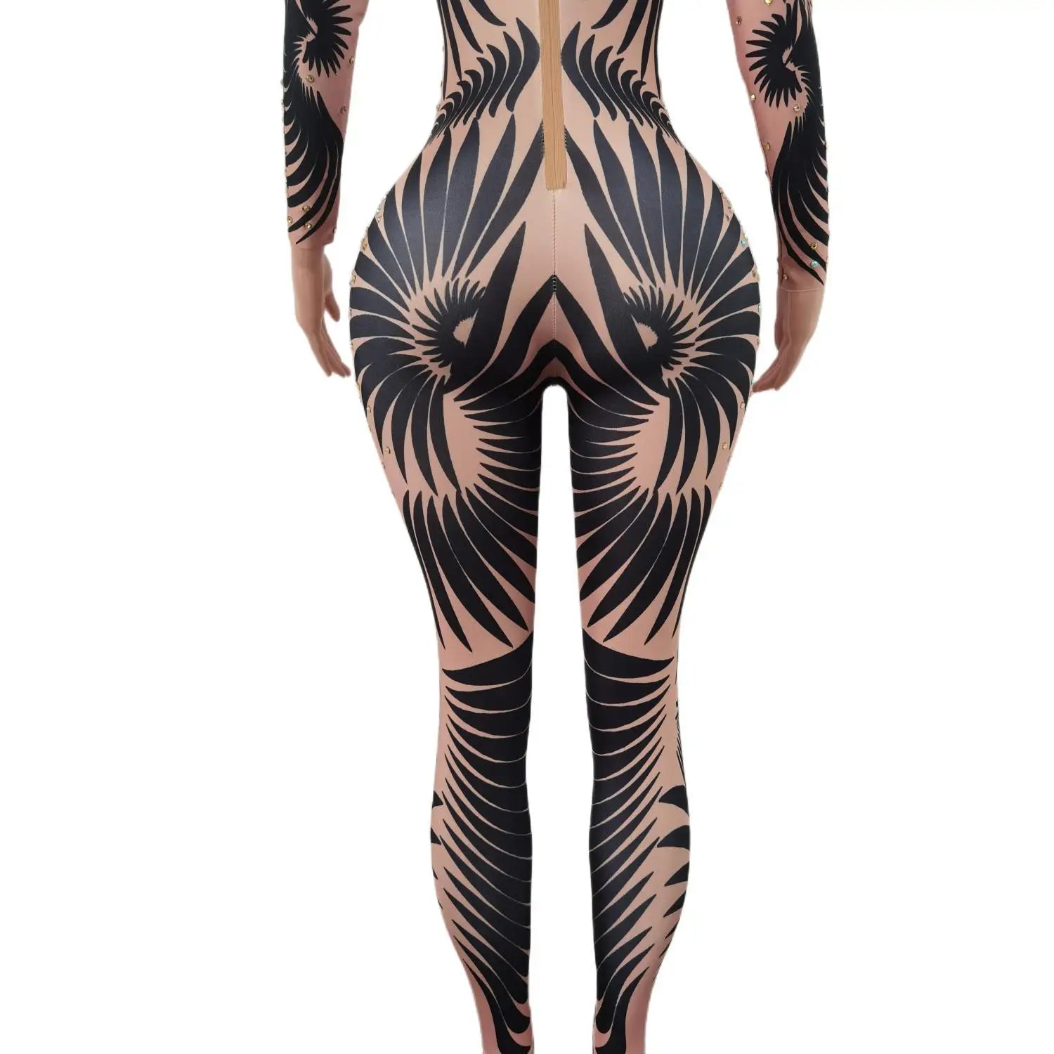 Sparkly Stone Feather Print Jumpsuit Women Sexy Birthday Party Bodysuit Prom Dresses Pole Dancer Performance Costume Feibiao