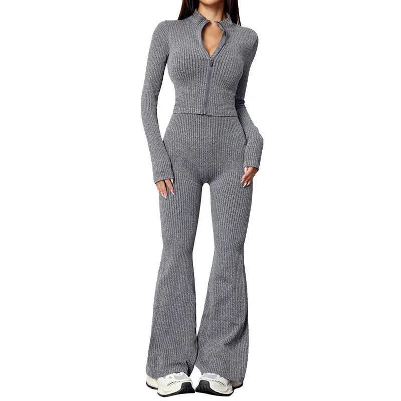 Women's Tight Fitness Yoga Outfit Set with Long Sleeves And Zipper Autumn Winter Sports Jacket And Bell Bottom Pants