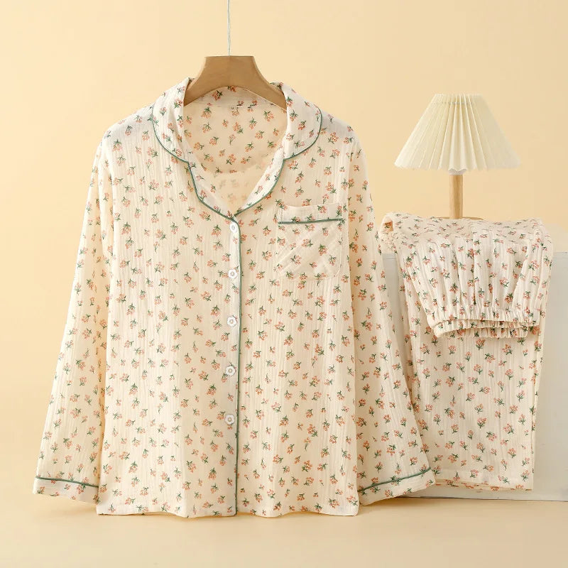Summer women's 2-piece set of 100% pure cotton women's sleepwear bedroom set long sleeved+long pants women's sleepwear