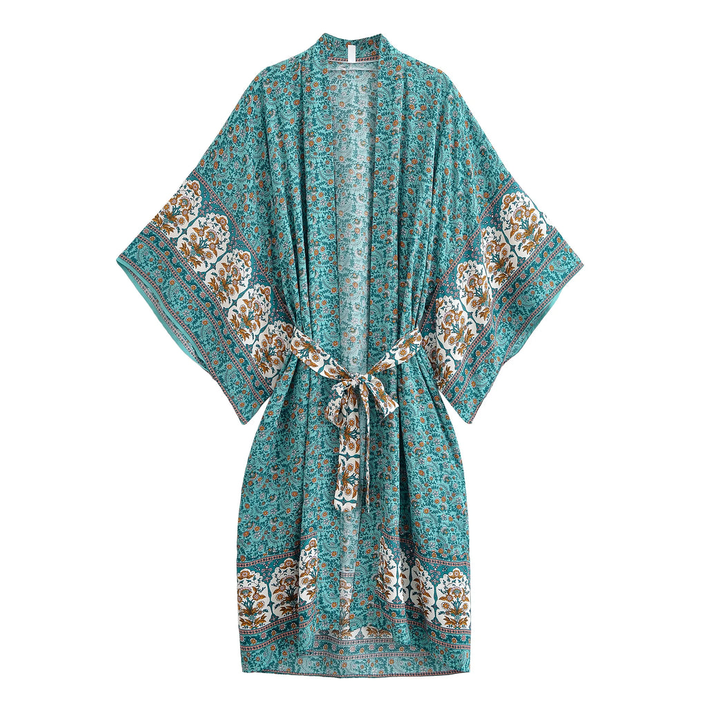 Happie Queens Women  Floral Print Sashes  Bohemian Kimono Ladies V Neck Batwing Sleeves Boho Maxi Dress Robe Bikini Cover-ups