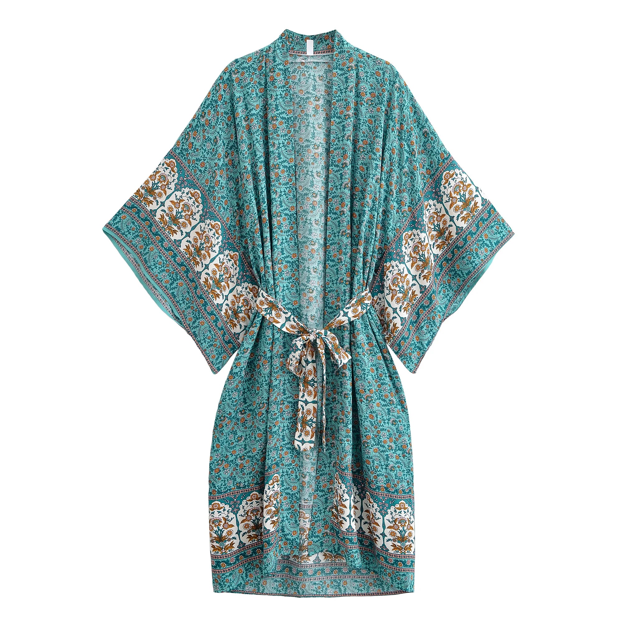 Happie Queens Women  Floral Print Sashes  Bohemian Kimono Ladies V Neck Batwing Sleeves Boho Maxi Dress Robe Bikini Cover-ups