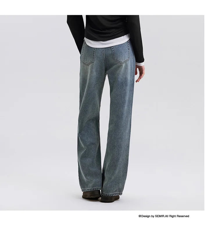 Semir Jeans Women Heightening Pure Cotton Long Trousers Autumn 2024 New Flesh-hiding Wide-leg Trousers