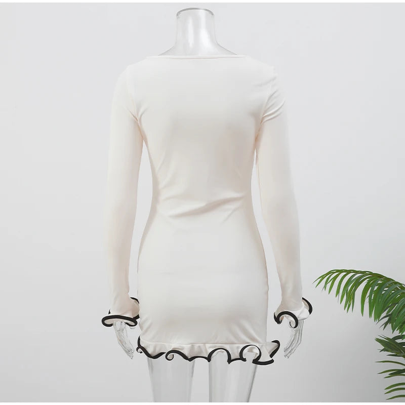 Women Solid Color Ruffles Hem Mini Dress Elegant O Neck Long Sleeve Slim Fit Gown Summer Vacation Holiday Party Dress