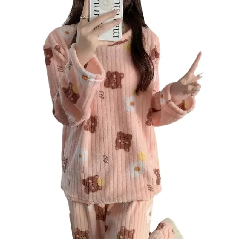 2 Piece Set Warm Sleepwear for Winter Women Printed Bear Coral Velvet Pajamas Student Flannel Loungewear Round Neck Nightwear