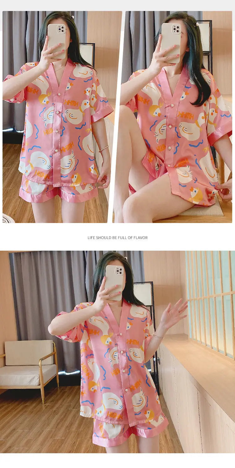 Luxury Women Silk Sleepwear Summer Short Sleeve Cardigan Shorts Two Pieces Homewear Kawaii Clothing Pajama Sets Nightwear Korean
