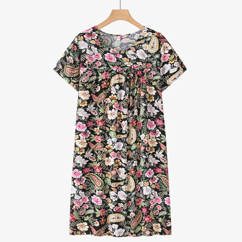 Middle-Aged and Elderly Cotton Silk Short-Sleeved Nightgown Homewear Women New Pajamas Thin Section Loose Homewear Dress Summer
