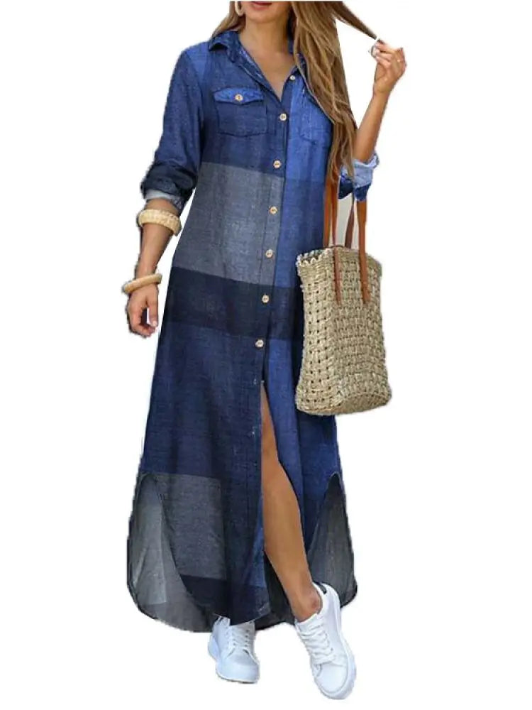 Camouflage Leopard Letters Floral Printed Dresses for Women 2025 Buttons Long Sleeve Loose Split Casual Solid Maxi Dress Robe