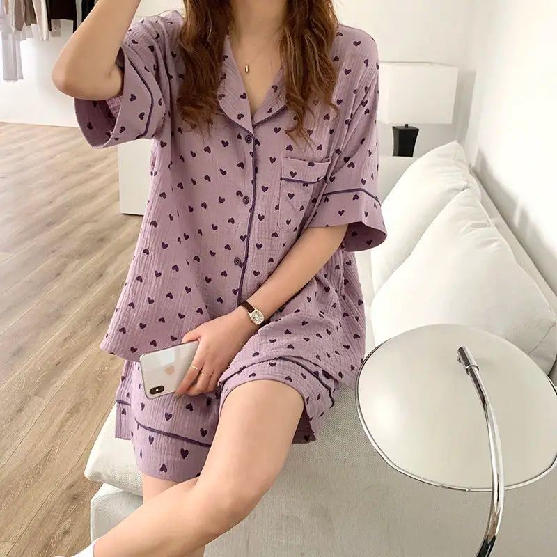 Cotton Women's Pajamas Korean Sleepwear Summer 2021 Pijama Heart Print Pyjamas Short Sleeve 2 Piece Set Suits Loungewear