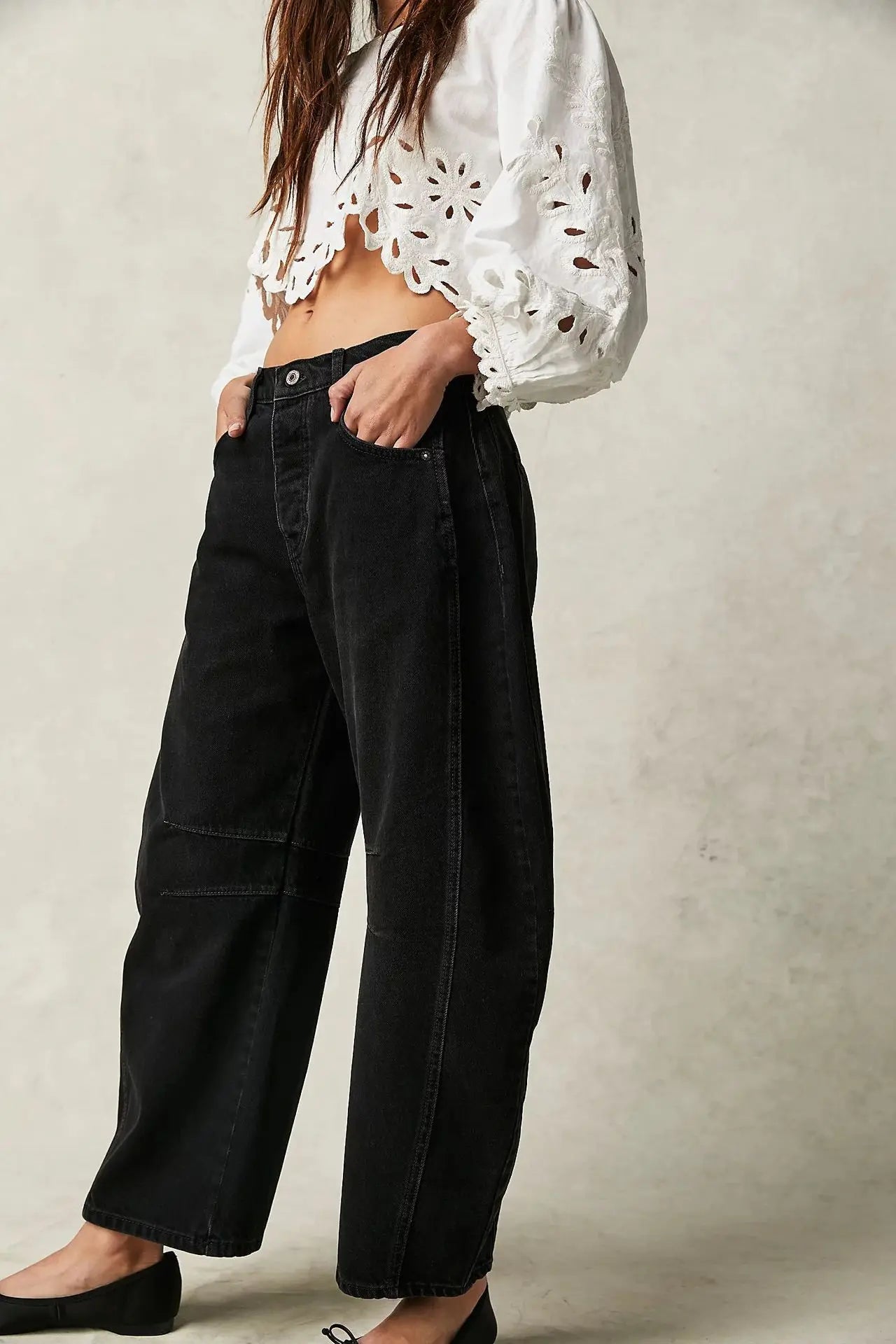 Women Loose Mid Waist Jeans Denim Full Length Pants Sexy Fashion Solid Color Trousers Denim Pockets Bleached