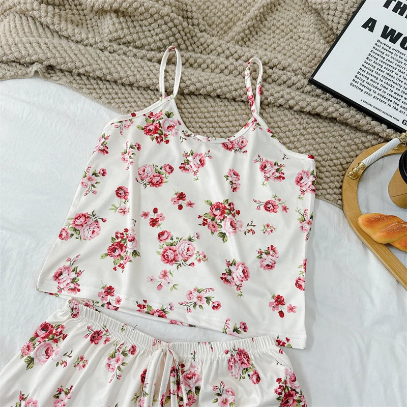Summer Women's Cherry Print Pajama Set Sexy Ice Silk Sleeveless Vest and Shorts Girls Casual Cute Printed Sleepwear for Lounging