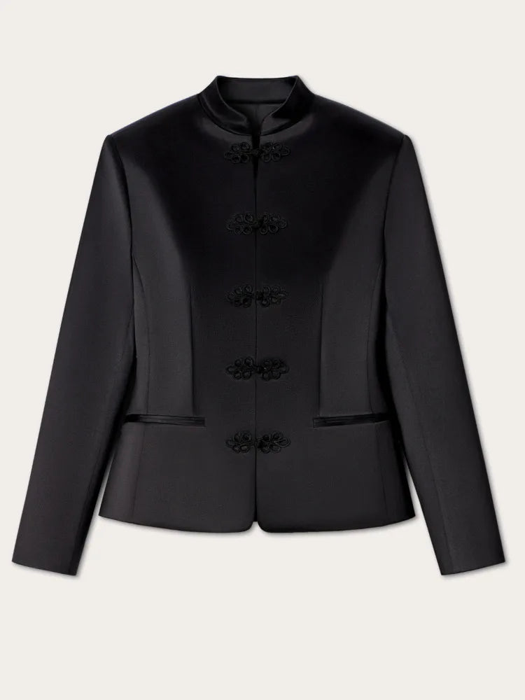 DFDG Women's Spring Summer Satin Mandarin Collar Knot Button Blazer Chic Formal Casual Wear 2026 Trendy Feminine Fashion Coat