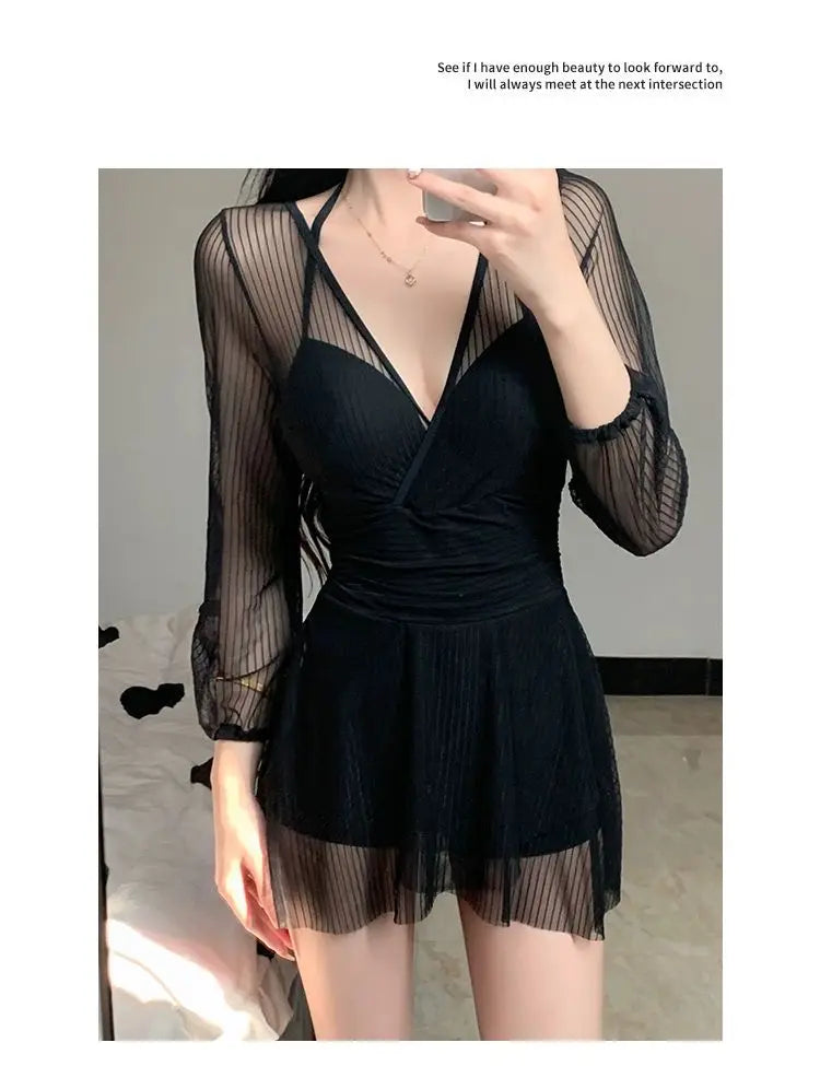 Swimsuit Women's One-piece Dress Style Conservative Belly-covering and Slimming Hot Spring Long-sleeved Sun Protection Vacation
