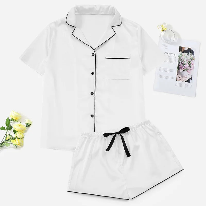 New Female Short Sleeve Shorts Pajamas Set Spring Summer Satin Sleepwer Pijamas Suit Loose Solid Green Home Wear Loungewear