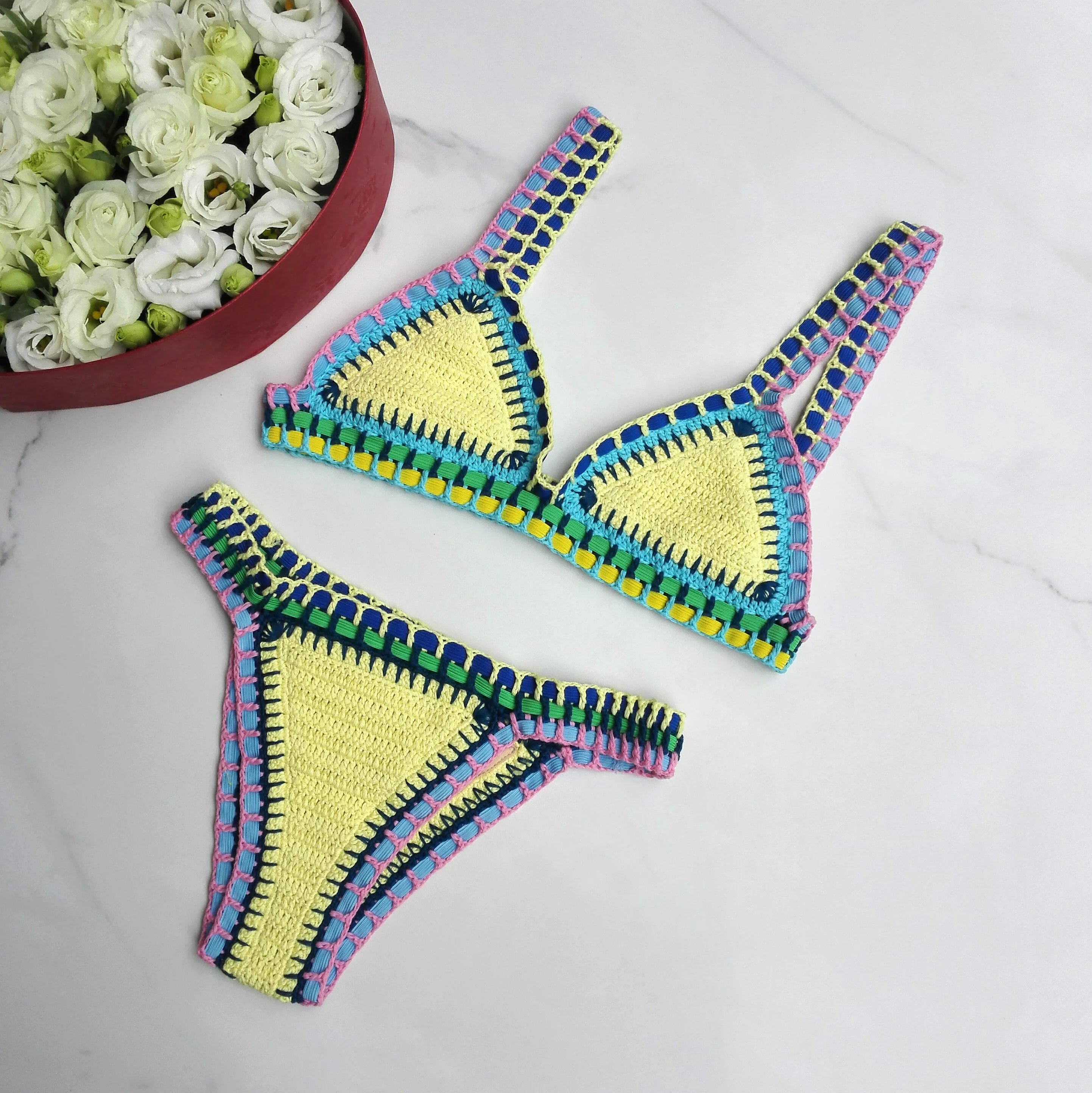 High Quality Women Handmade Crochet Bikini Set Cotton Crochet Colorful Sexy Boho Swimwear Vacation Beachwear Bathing Suit