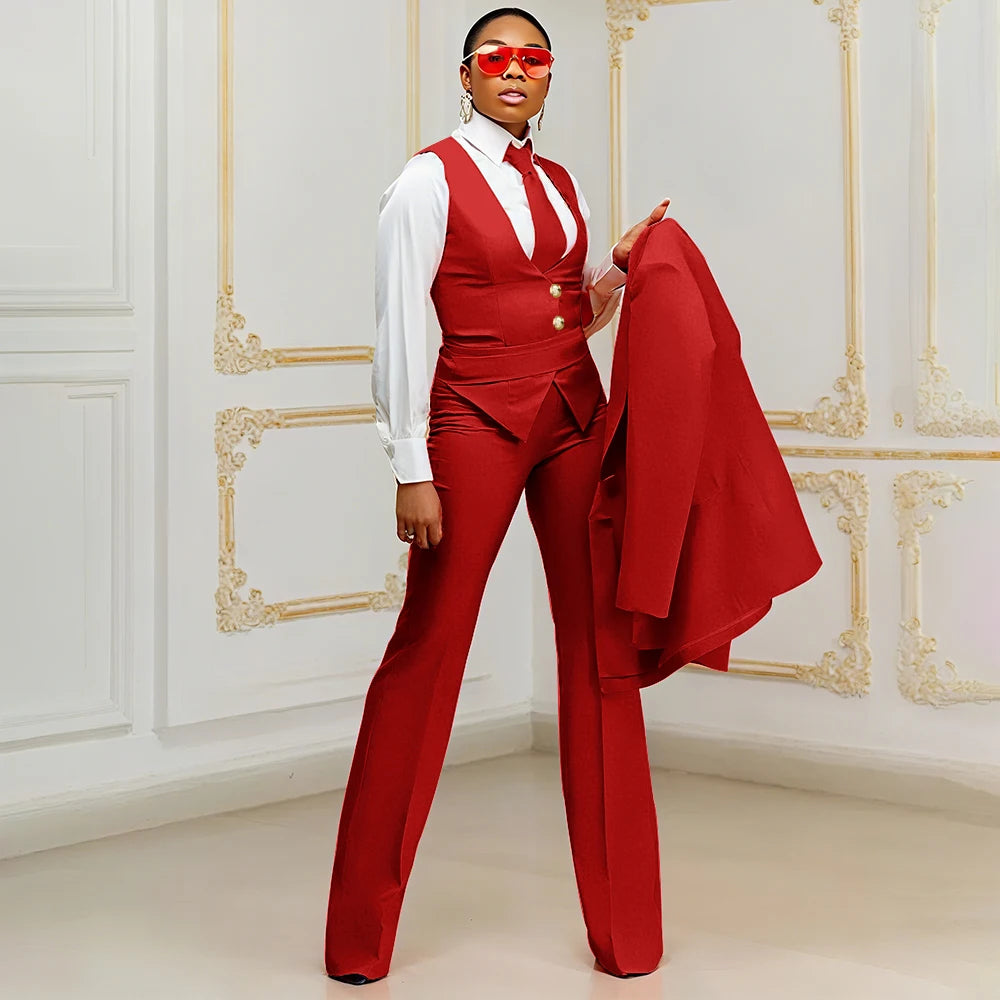 Orange Women's Suits Customized Plus Size Formal Single-breasted Peaked Lapel Three Pieces (Jacket+Pants+Vest) Office Lady Set