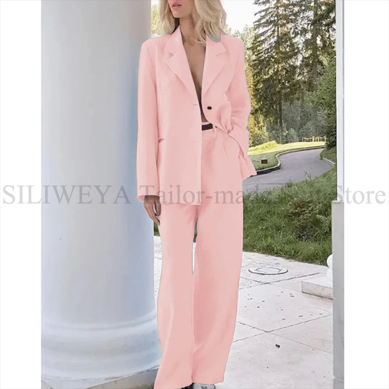 Elegant Light Blue Linen Women Suit Single Brested Jacket Pants 2 Piece Female Clothing Loose Casual Office Lady Balzer Set