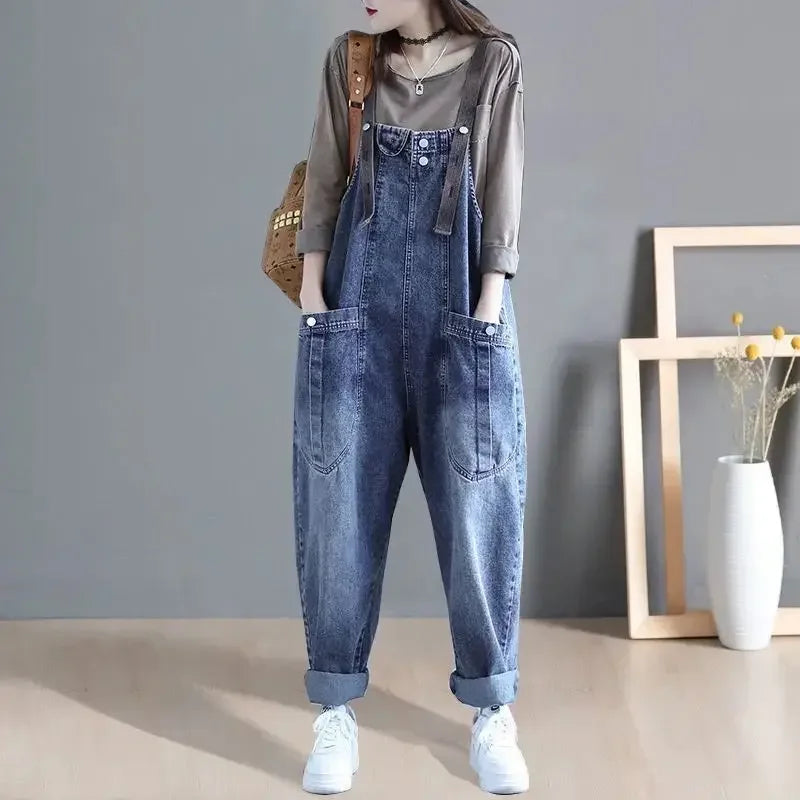 Loose Casual Denim Overalls Women's Wide Leg Pants Harem Jumpsuits Ageless plus Size New 2025 Fashion from Mainland China