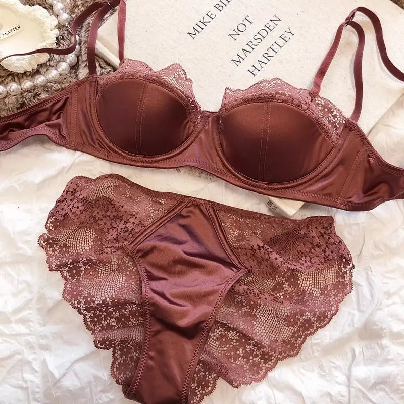 Lace Half-Cup Bra and Panty Set for Small Busts, With Soft Underwire to Gather and Lift, And a Sexy, Lightweight Bra Set.